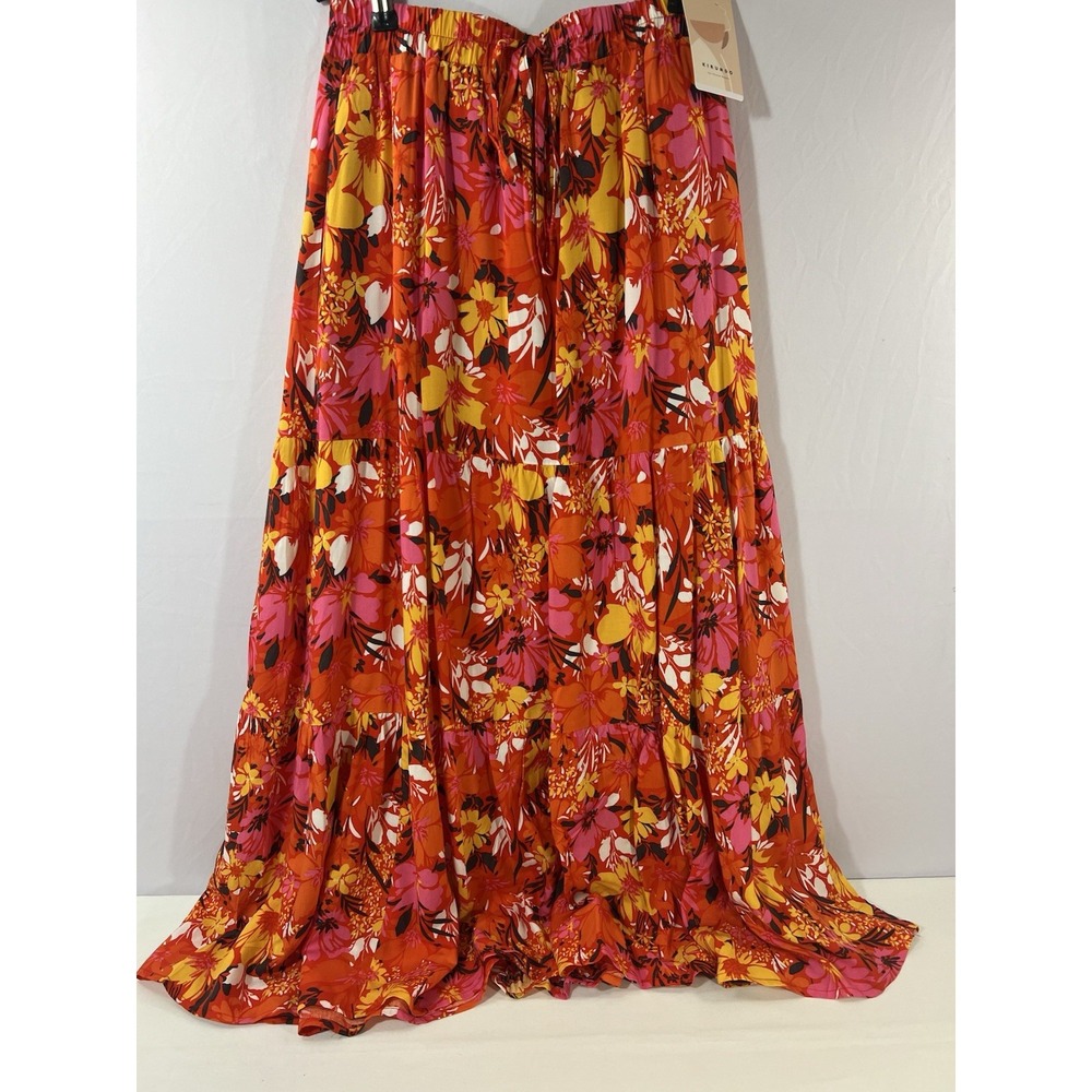 KIRUNDO Boho‎ Floral Maxi Midi Skirt Trendy Elastic Waist Pleated Size SMALL